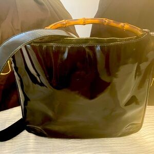 Gucci AUTHENTIC Vintage Black Patent Leather Bamboo Handle Shoulder Bag